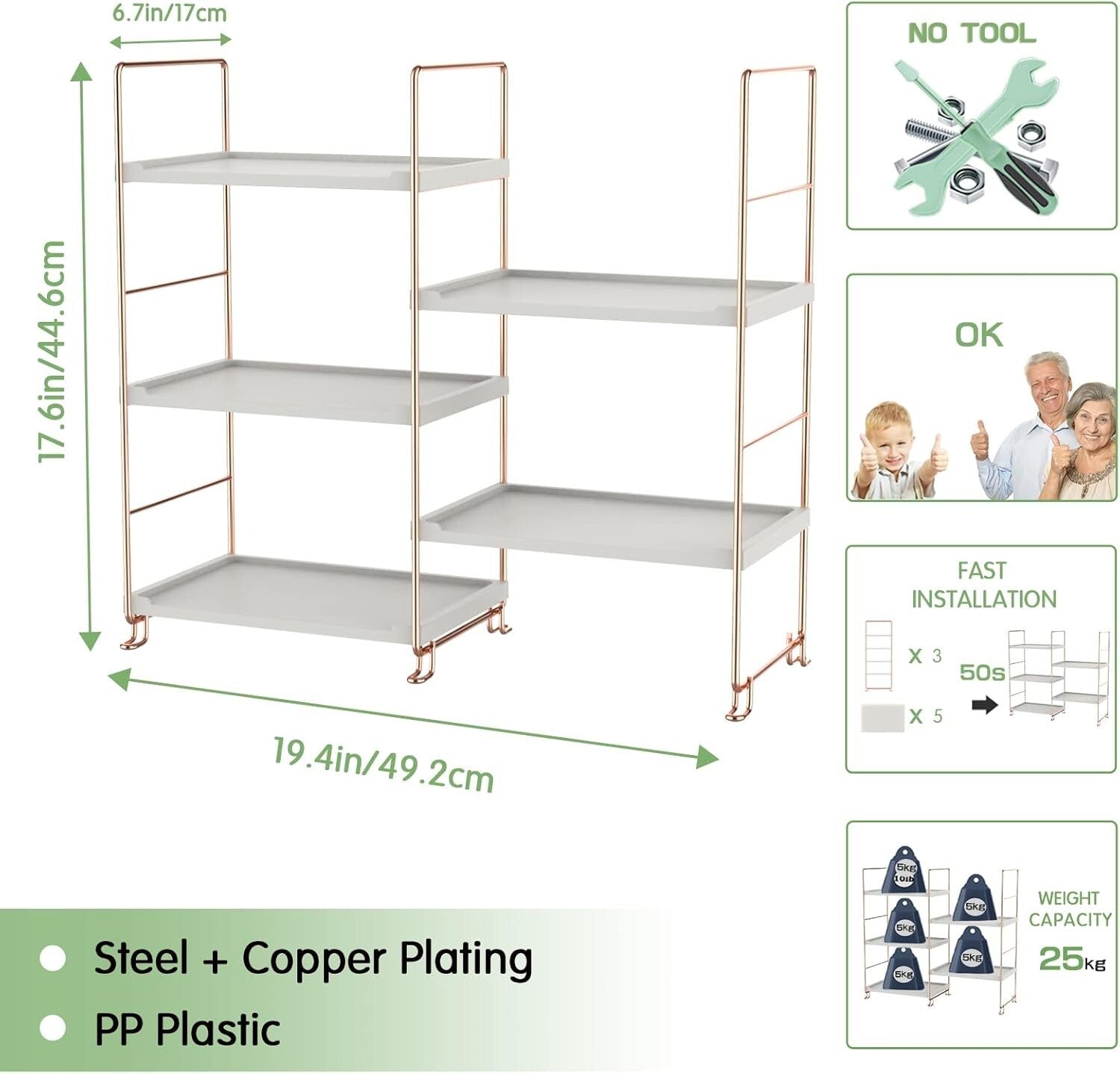 Elegant 3-Tier Bathroom Organizer - Modern Vanity and Spice Rack in Rose Gold