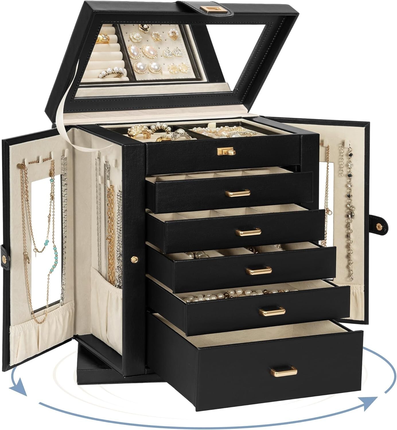 Faux Leather Jewelry Box with 6 Pull-Out Drawers & Mirror - Stylish Organizer