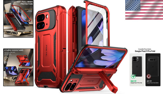 Rugged Metallic Red Case for Google Pixel 9 Pro Fold with Kickstand & Protection