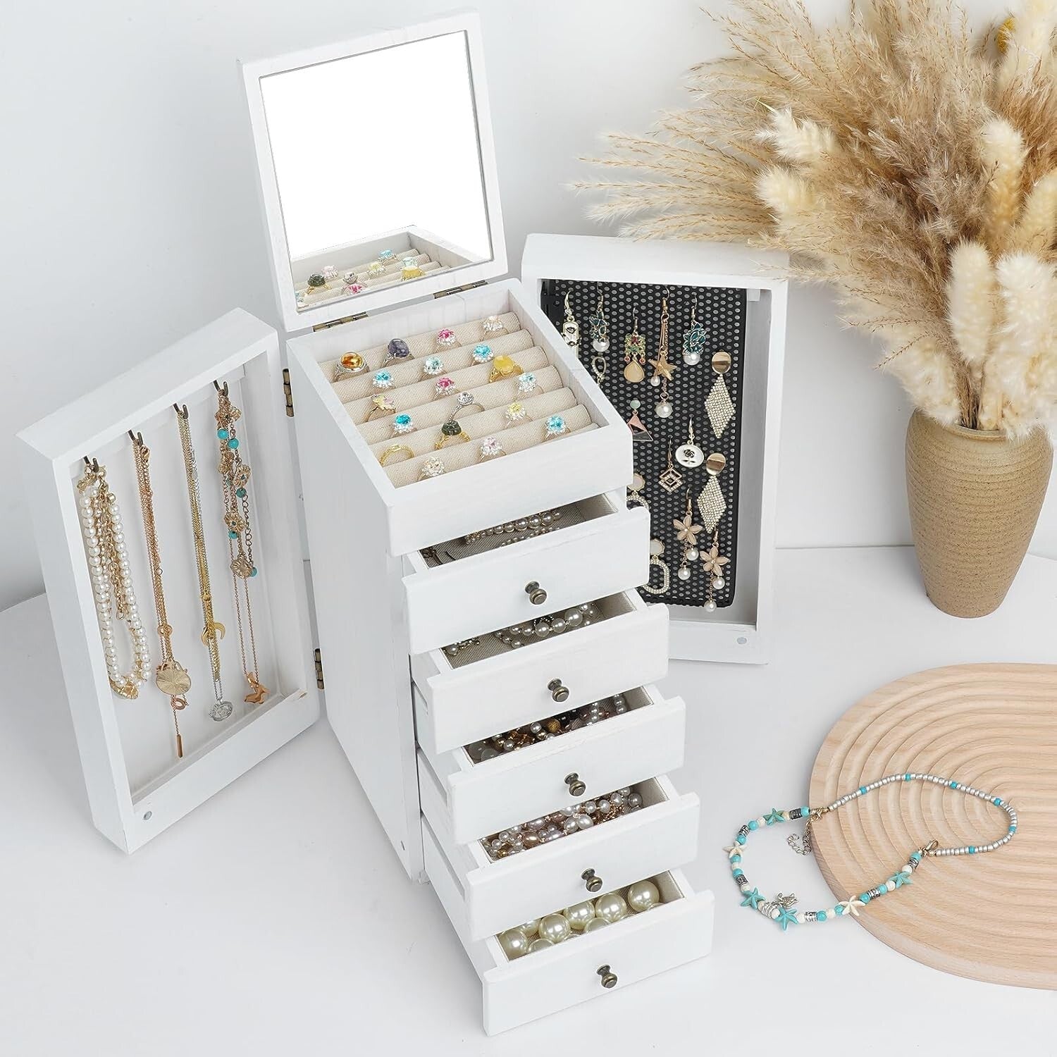 Sturdy White Jewelry Box with 6 Tiers, Mirror & Earring Display Side Doors
