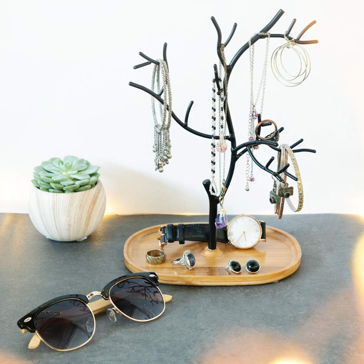 Fashionable Jewelry Tree Stand with Bamboo Base - Perfect for Necklaces & Rings