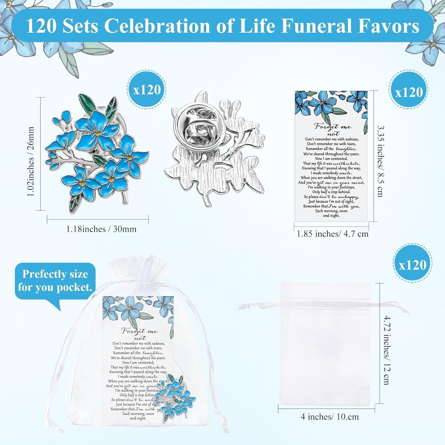 Forget Me Not Memorial Brooches: 90 Sets of Elegant Pins & Thank You Cards