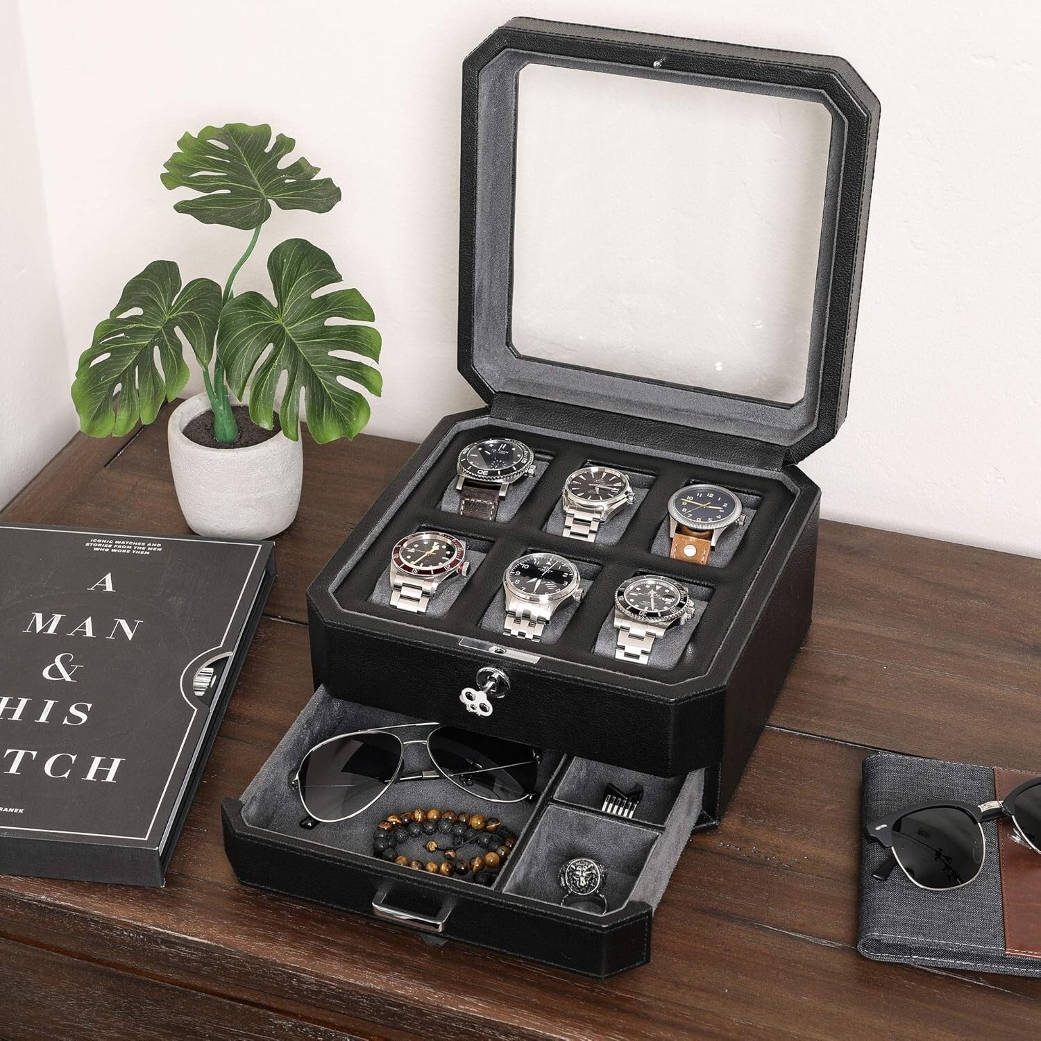 Stylish Watch Storage Gift Set: 6 Slot Leather Box & Travel Case for Men & Women