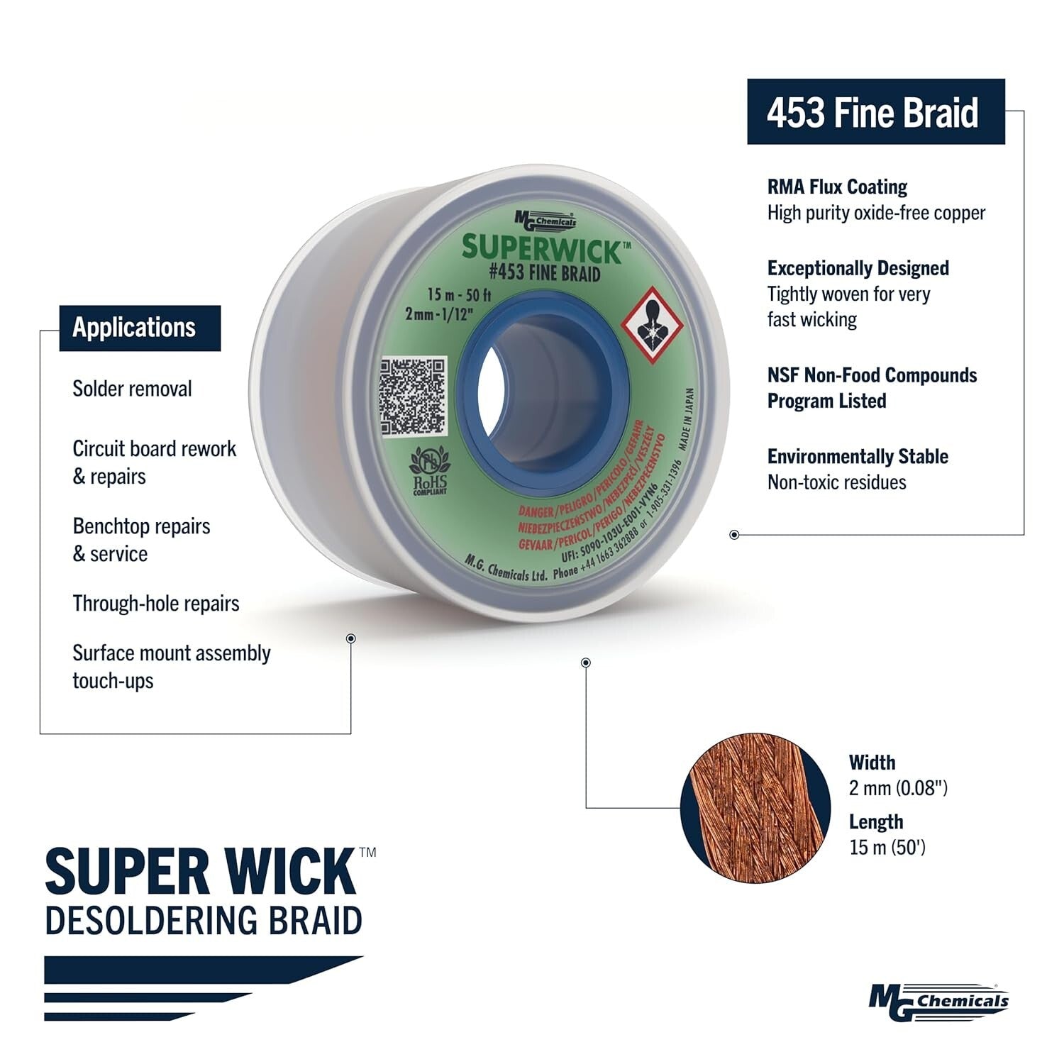 Effortless Solder Removal Super Wick Desoldering Braid - 50' Length, 0.075
