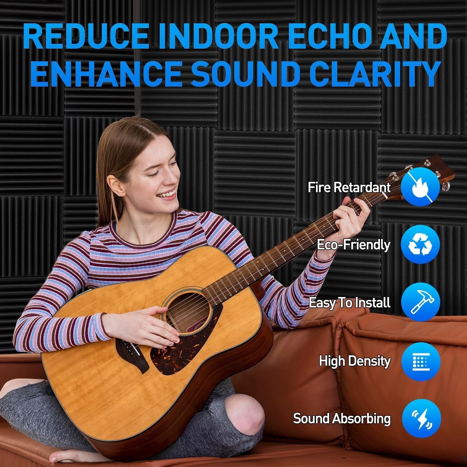 1" x 12" x 12" Acoustic Foam Panels 120 Pack - Double-Sided Adhesive Included