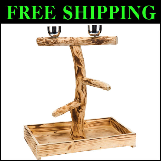 Large Indoor Bird Perch with Stainless Steel Cups - Ideal for Cockatoos & Macaws