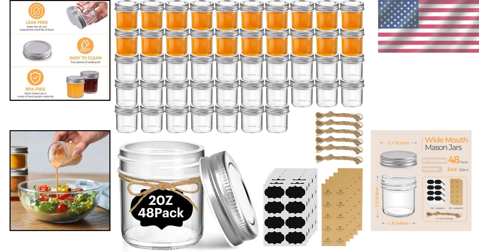 Microwave & Freezer Safe 2 oz Mason Jars - 48 Pack Ideal for DIY Gift Ideas