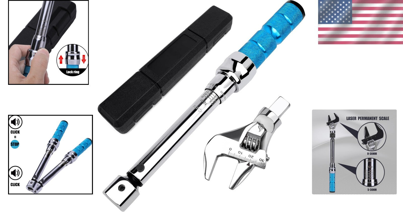Adjustable 5-30 Nm Click Torque Wrench with Interchangeable Heads - HVAC & Auto