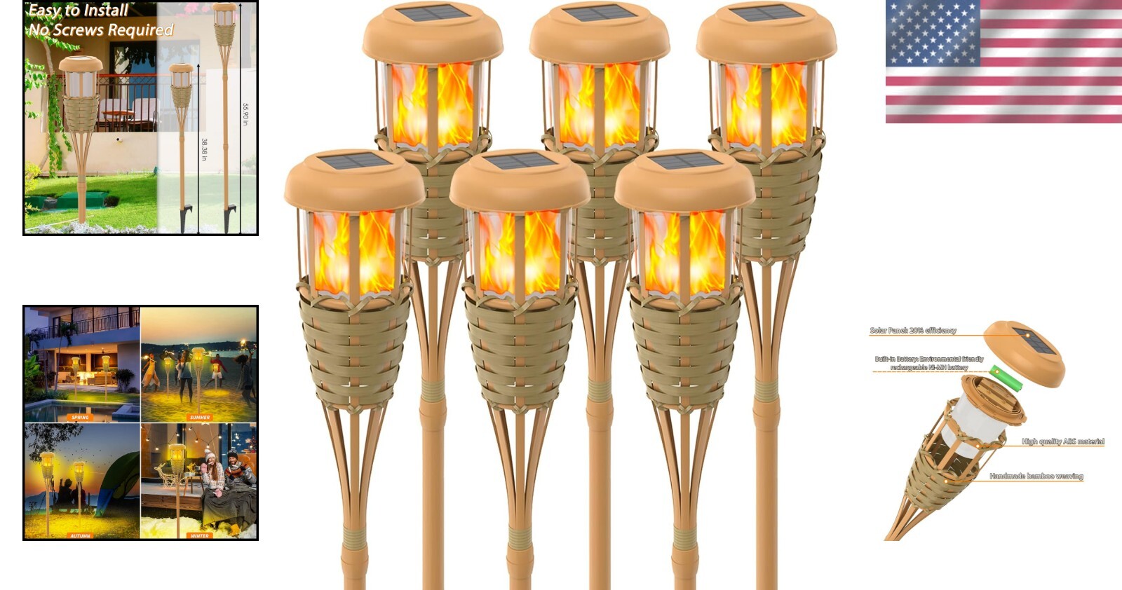 Energy Efficient Solar Torch Lights with Realistic Flickering Flame - 6 Pack