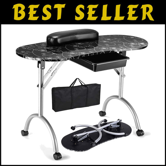 Foldable Portable Manicure Table with Large Drawer & Lockable Casters, Black