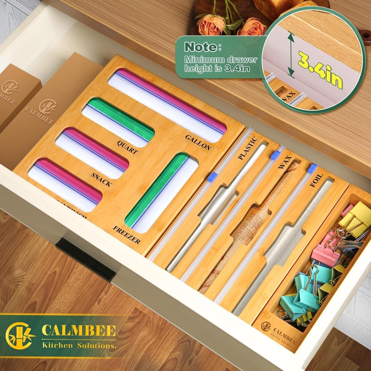 Elegant Bamboo Kitchen Storage Organizer with Slide Cutter & Labels Included