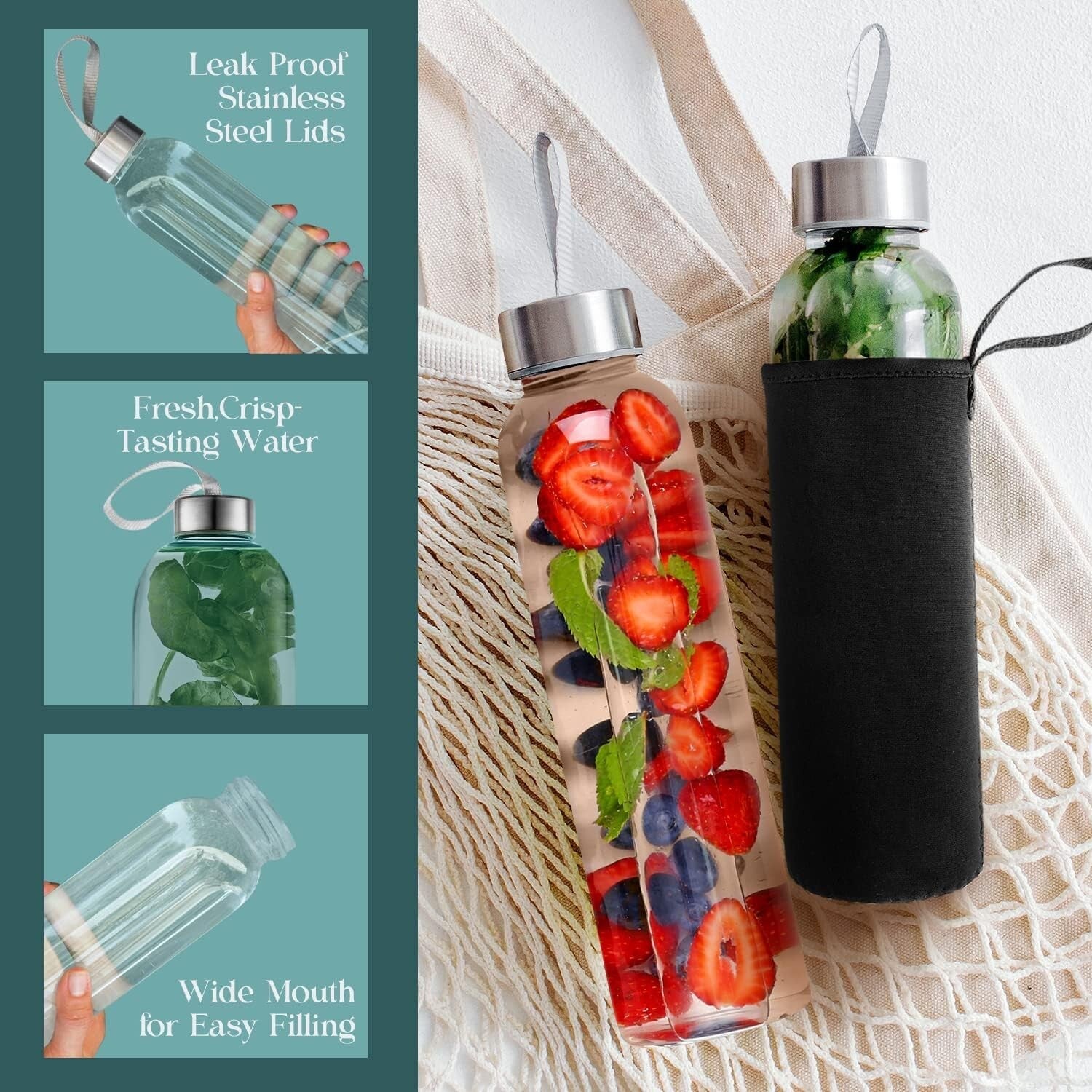 Elegant Wide-Mouth Glass Water Bottles Set of 12 - BPA-Free & Dishwasher Safe