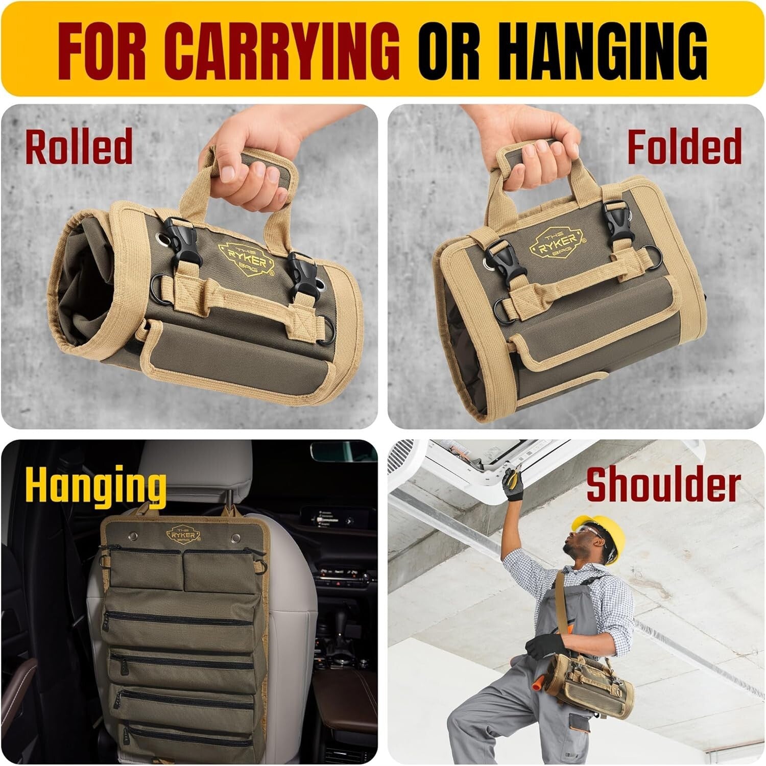 Heavy-Duty Roll Up Tool Bag Organizer with Detachable Pouches - 20.3in Size