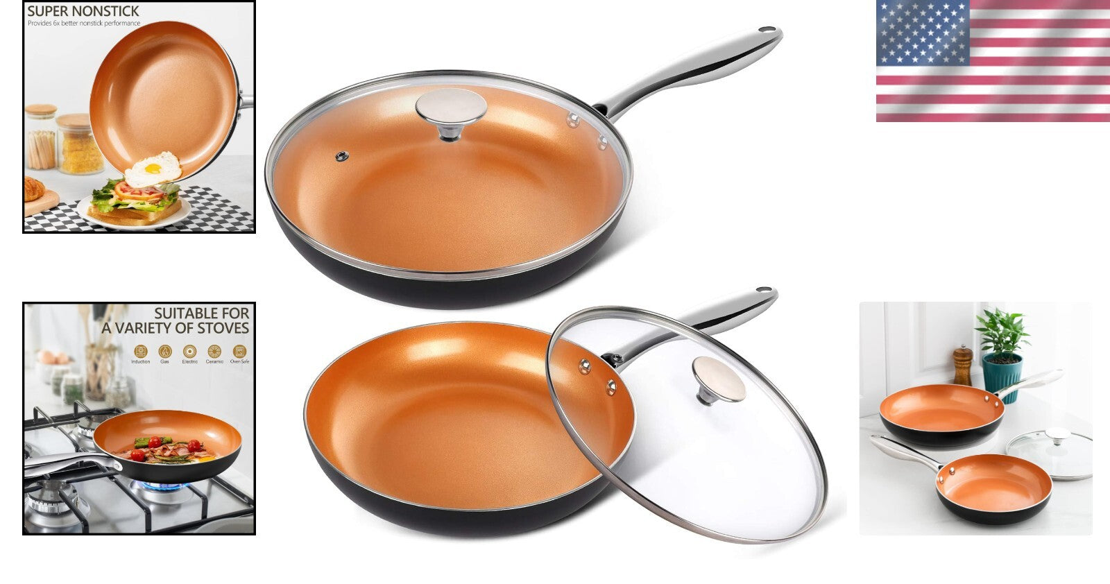 Ceramic Coated Copper Frying Pans Set (8" & 10") - Effortless Cooking Experience
