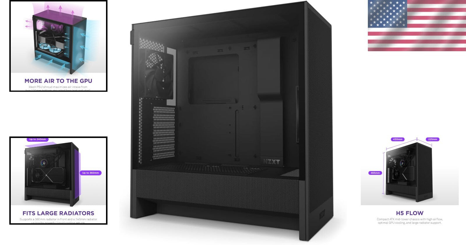 Durable H5 Flow 2024 Mid-Tower Case - 120mm Fans, Tempered Glass, & Black Finish