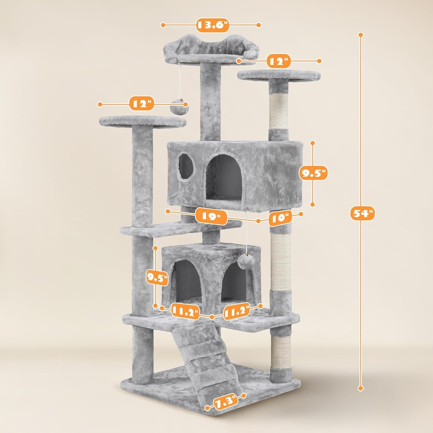 54in Multi-Level Cat Tree with Condos & Scratching Posts - Light Gray Playground