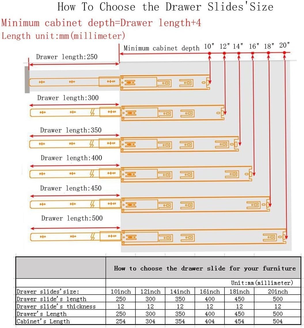 4-Pair Full Extension Ball Bearing Drawer Slides - 16 Inch, 100 lbs Capacity