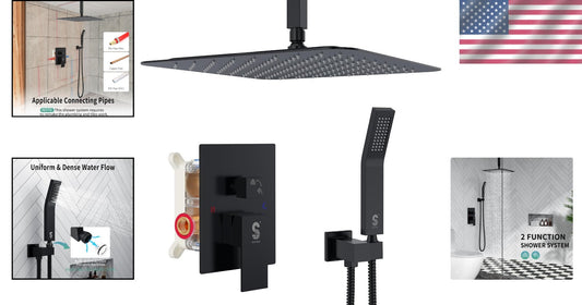 Matte Black Luxury Shower Faucet Set - 12 Inch Rain Shower Head with Trim Kit