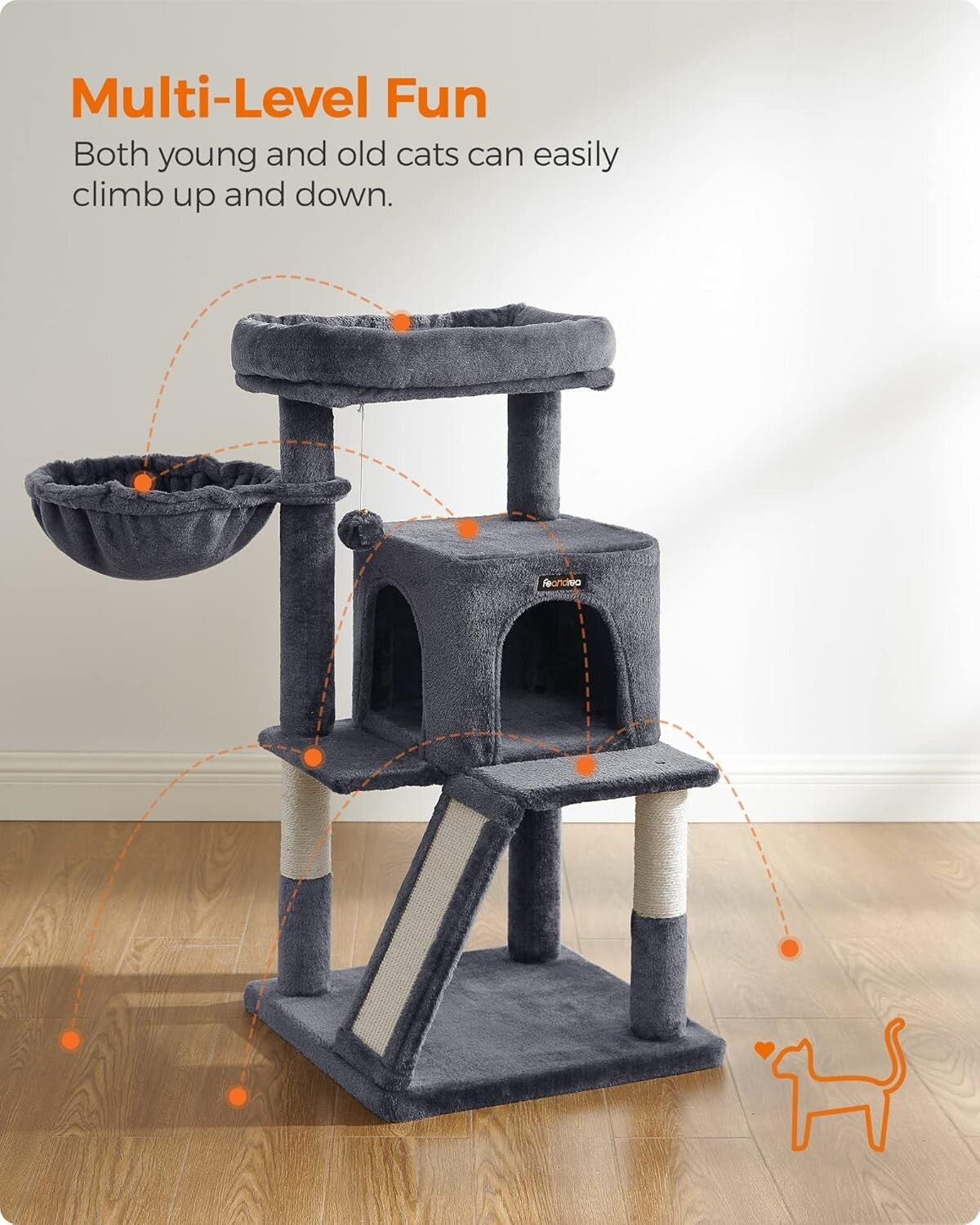37.8-Inch Multi-Level Cat Tower with Scratching Ramp for Large Cats & Kittens