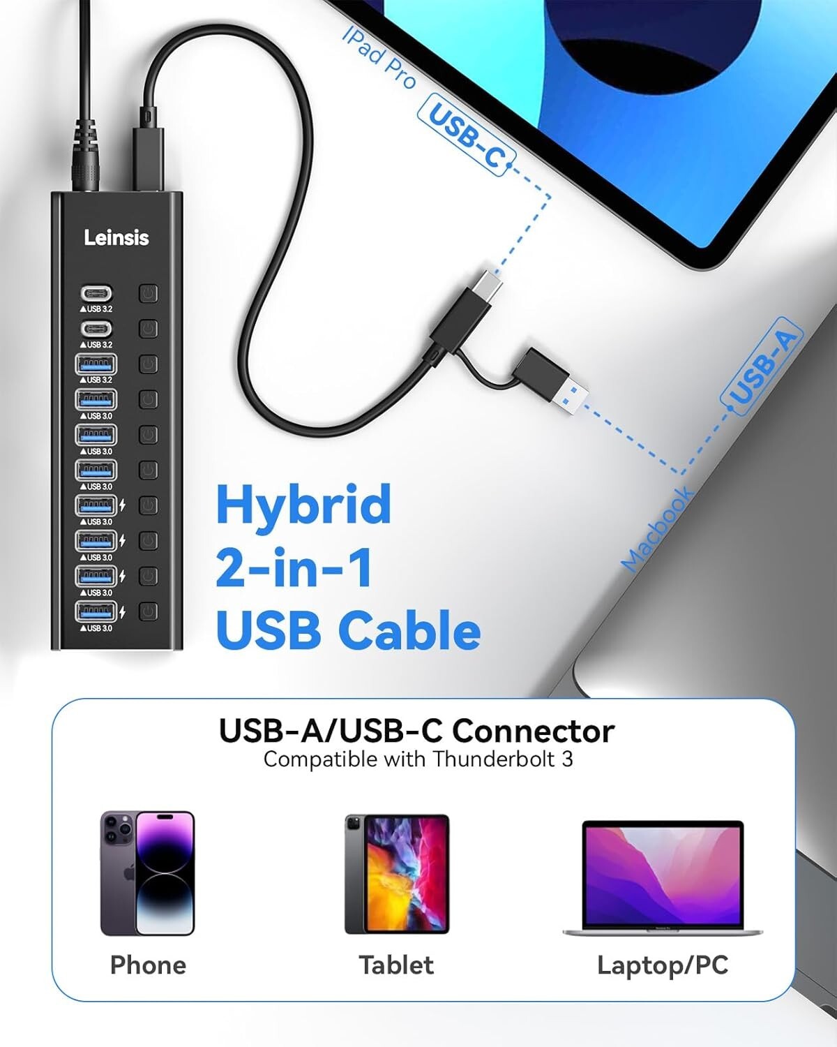 10-Port USB 3.2 Hub with Power Adapter & Individual Switches for Devices
