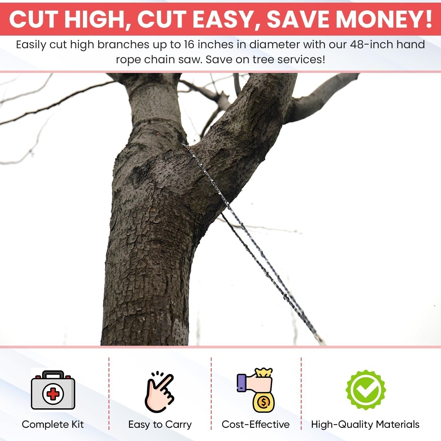 48” High Reach Tree Limb Hand Saw with Ropes & Pouch - Effortless Branch Cutting