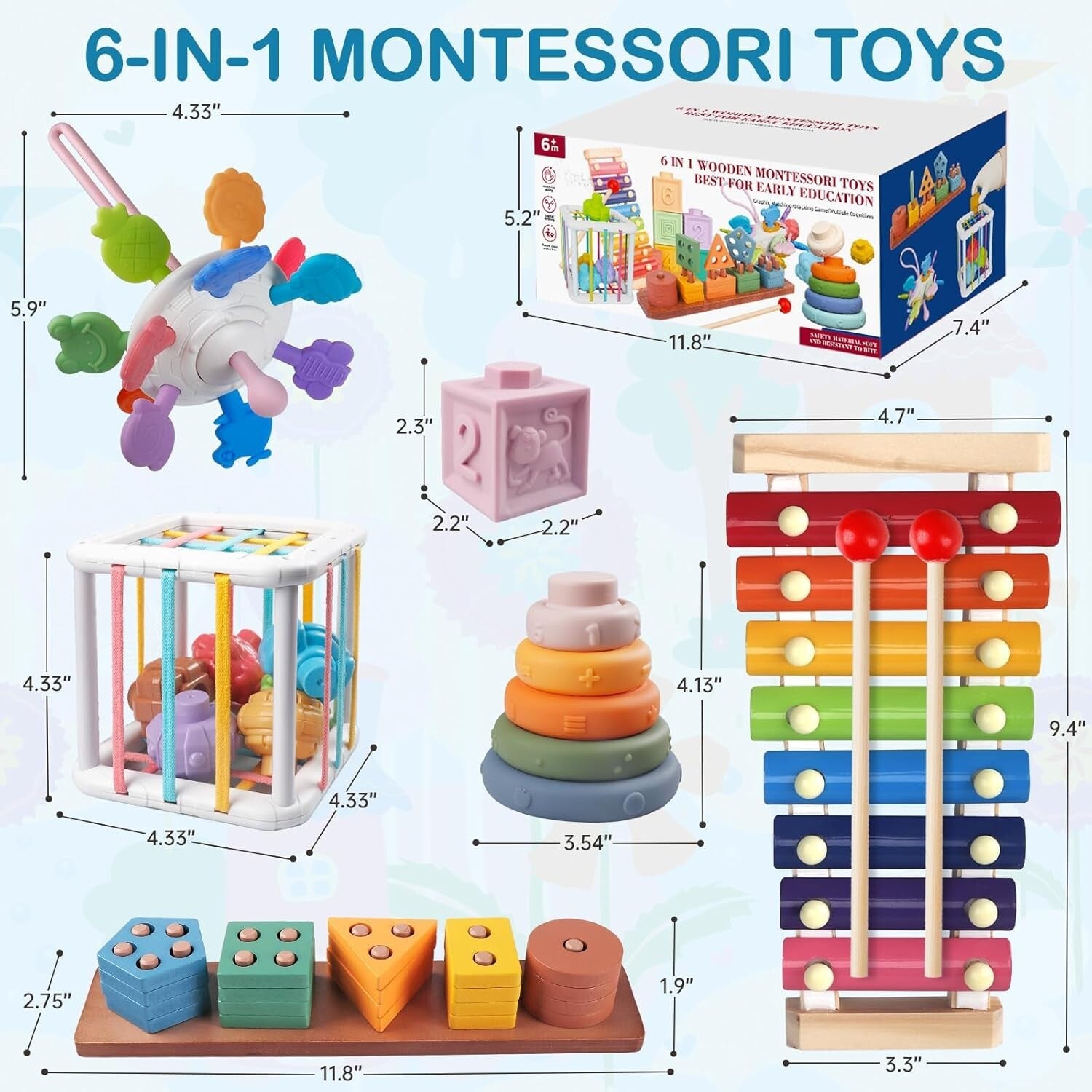 6-in-1 Montessori Baby Toy Set: Stacking, Sorting & Musical Fun for Infants