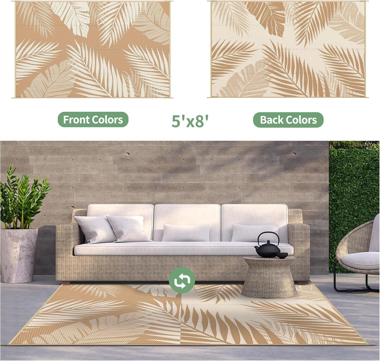 Durable Outdoor Rug with Palm Leaf Design - Ideal for Deck, Porch, and Beach