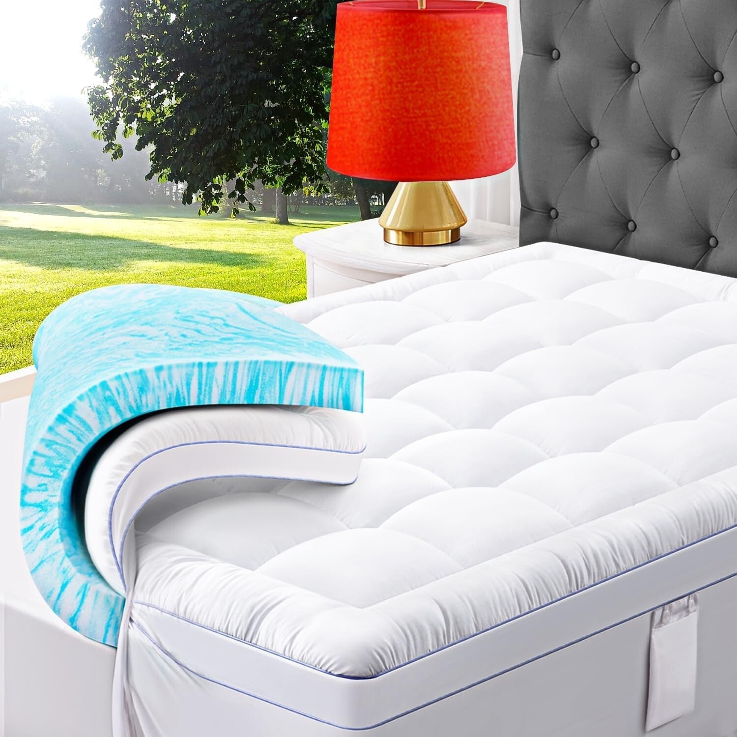 Queen Mattress Topper with Cooling Gel & Pillowtop - Ideal for Back Pain Relief