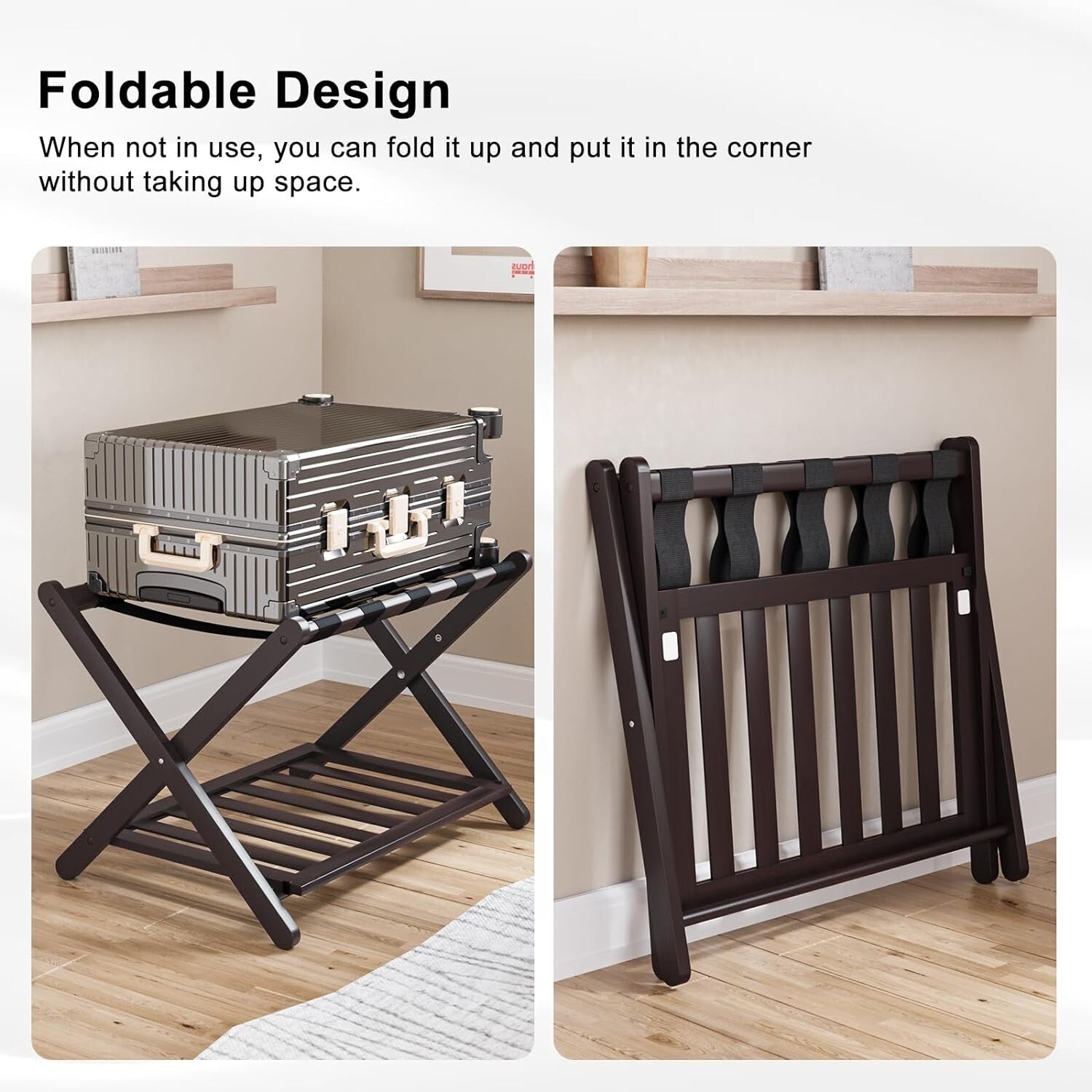 Fully Assembled Bamboo Luggage Rack with 5 Straps - Modern Guest Room Essentials