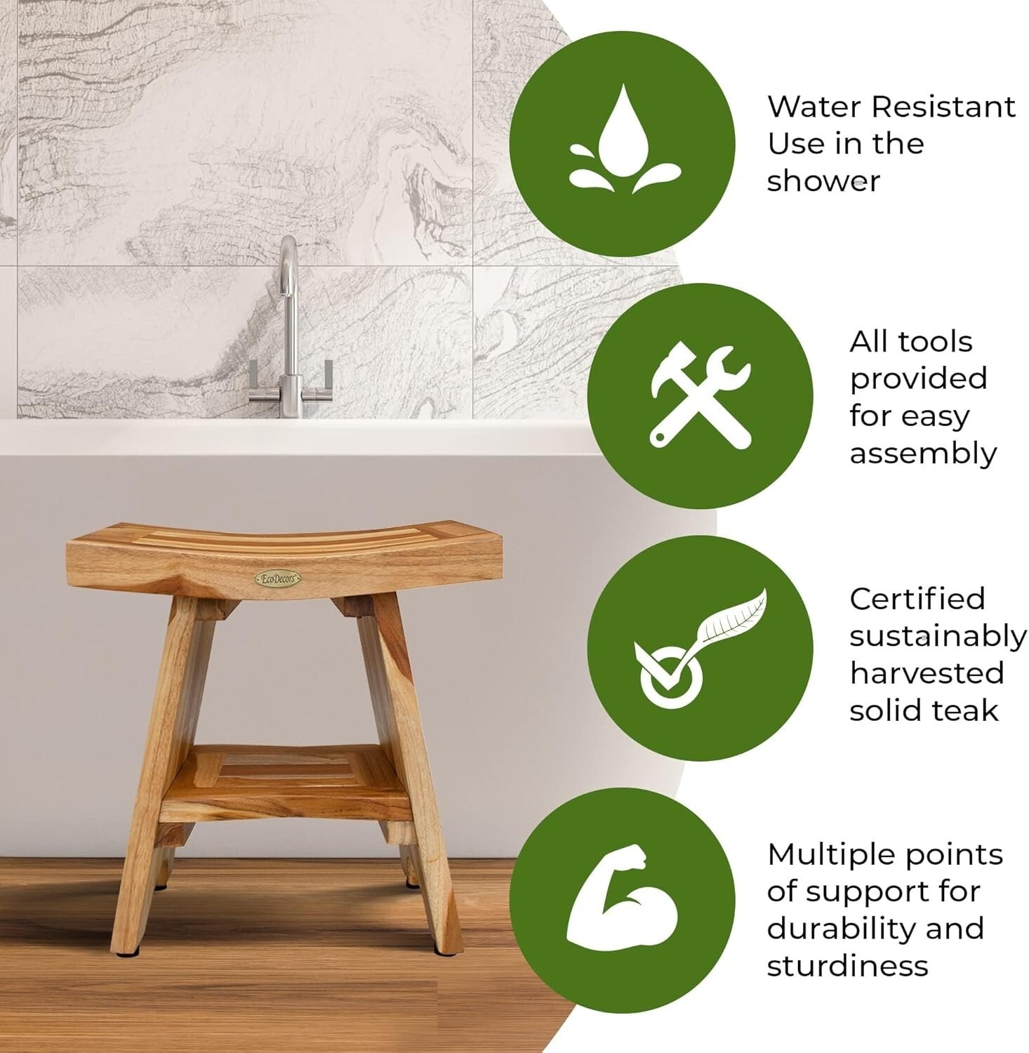 Premium Teak Shower Chair, 18-Inch Height - Durable, Stylish & Waterproof