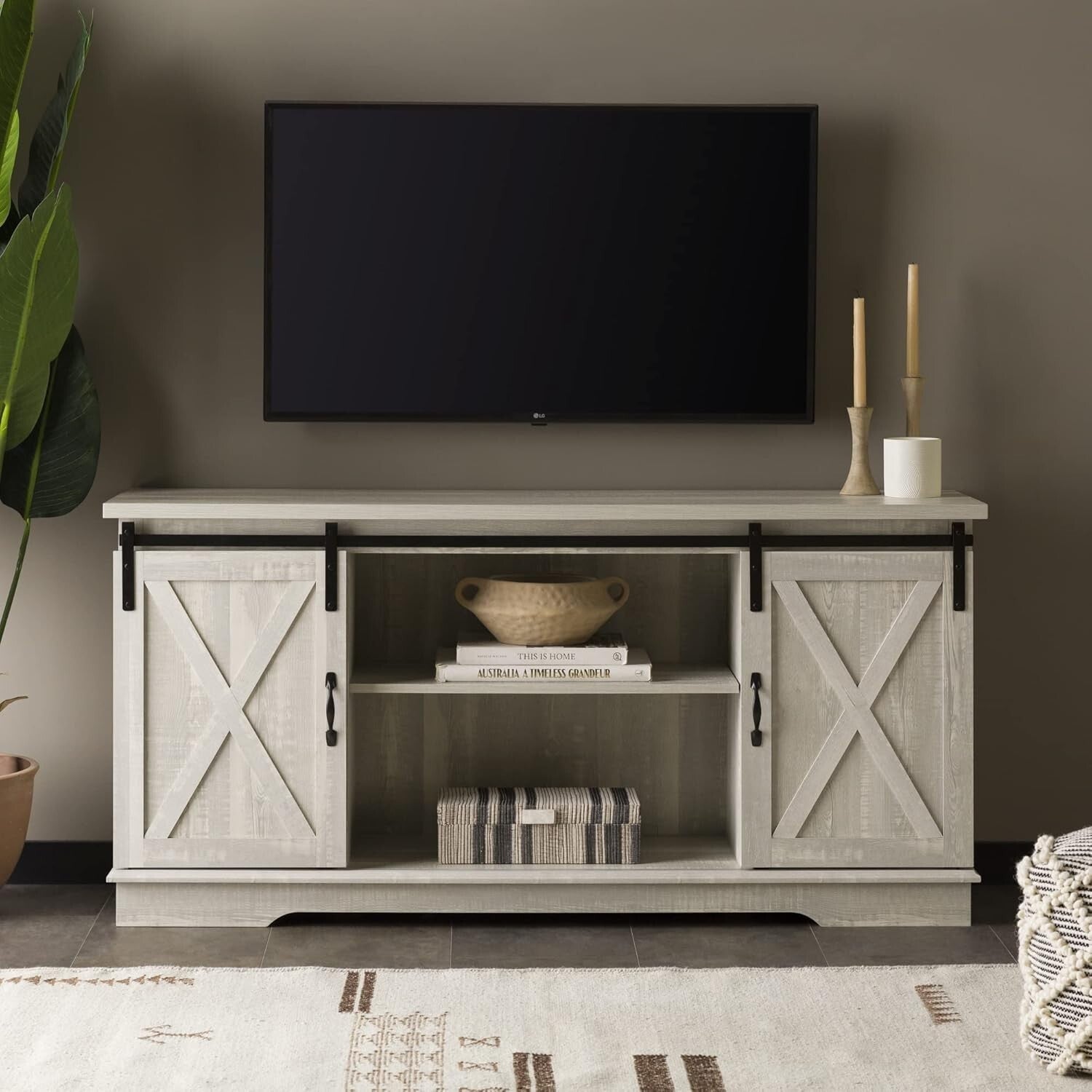 Charming 58-Inch Stone Grey TV Stand with Sliding Doors and 3 Adjustable Shelves