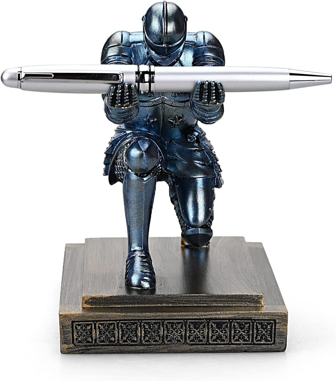 Creative Knight Desk Organizer with Blue Resin Holder and Fancy Pen Included