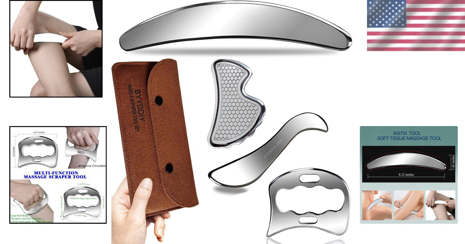 4 in 1 Stainless Steel Muscle Scraper Tool Kit for Pain Relief and Massage