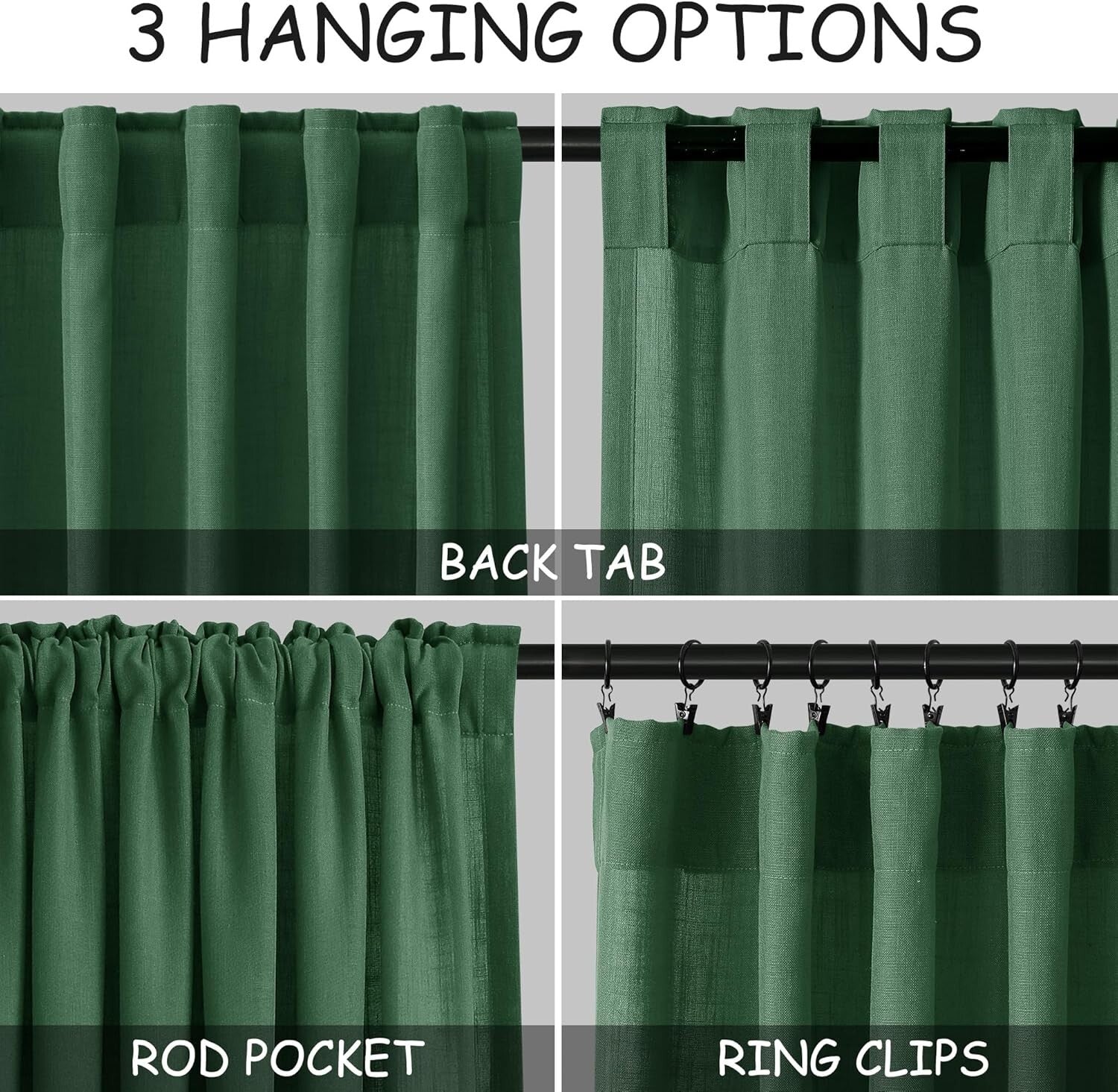 Charming 84" Back Tab Green Linen Curtains - 2 Panels for Modern Farmhouse Decor