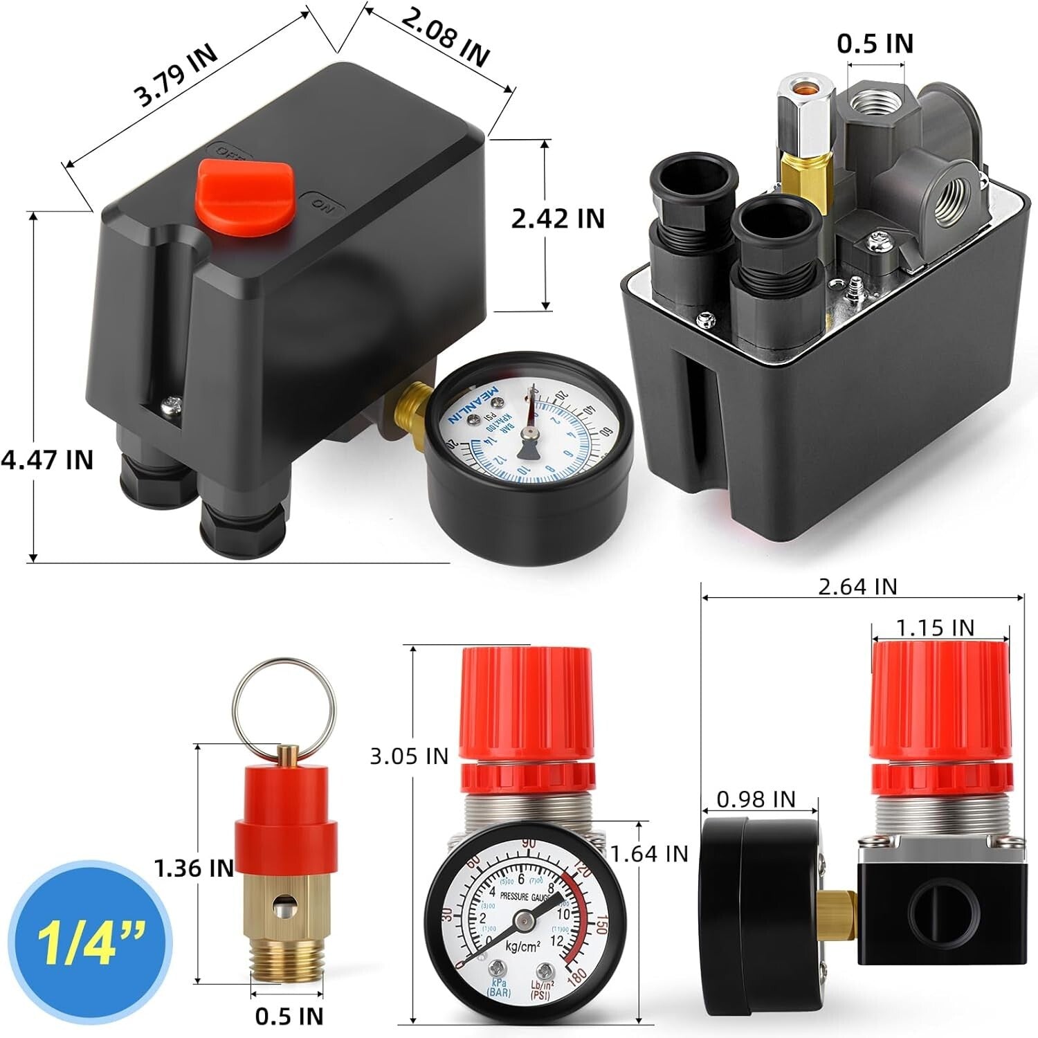 4-Way Pneumatic Air Compressor Pressure Switch with Safety Relief Valve Included