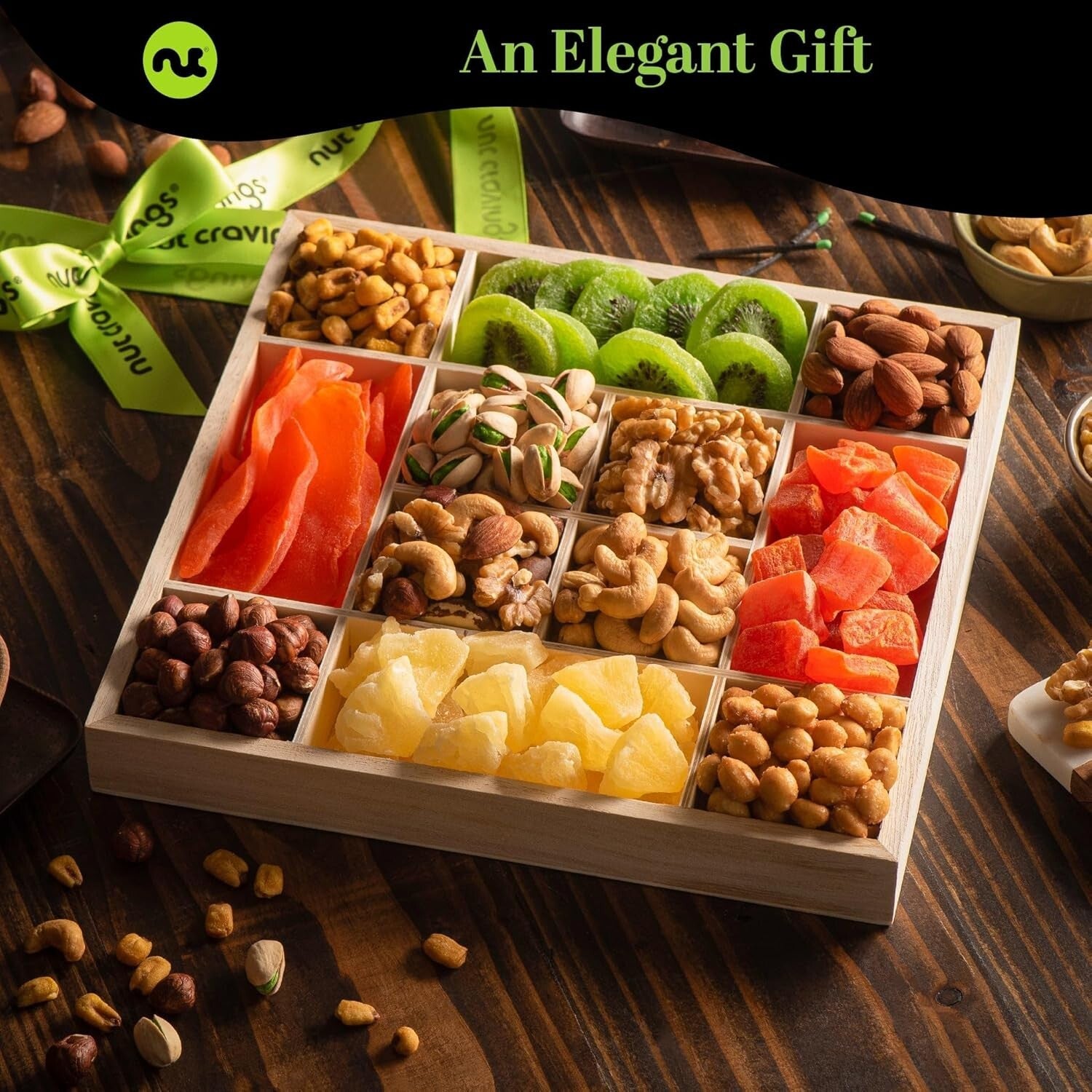 Deluxe Nut & Dried Fruit Care Package - 12 Assortments in Reusable Wooden Tray