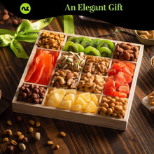 Load image into Gallery viewer, Deluxe Nut &amp; Dried Fruit Care Package - 12 Assortments in Reusable Wooden Tray