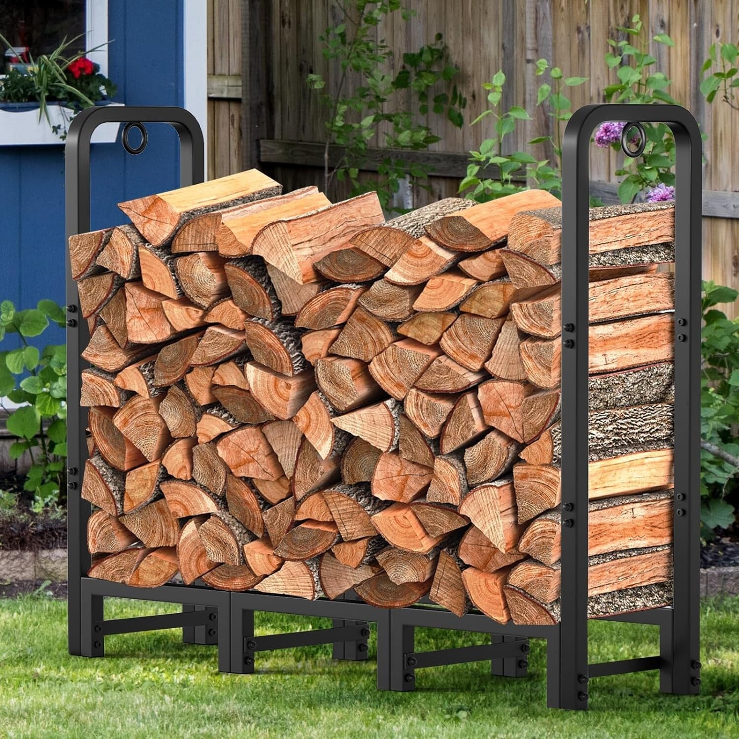 Black Alloy Steel Firewood Rack - 4ft Log Holder for Outdoor & Indoor Use