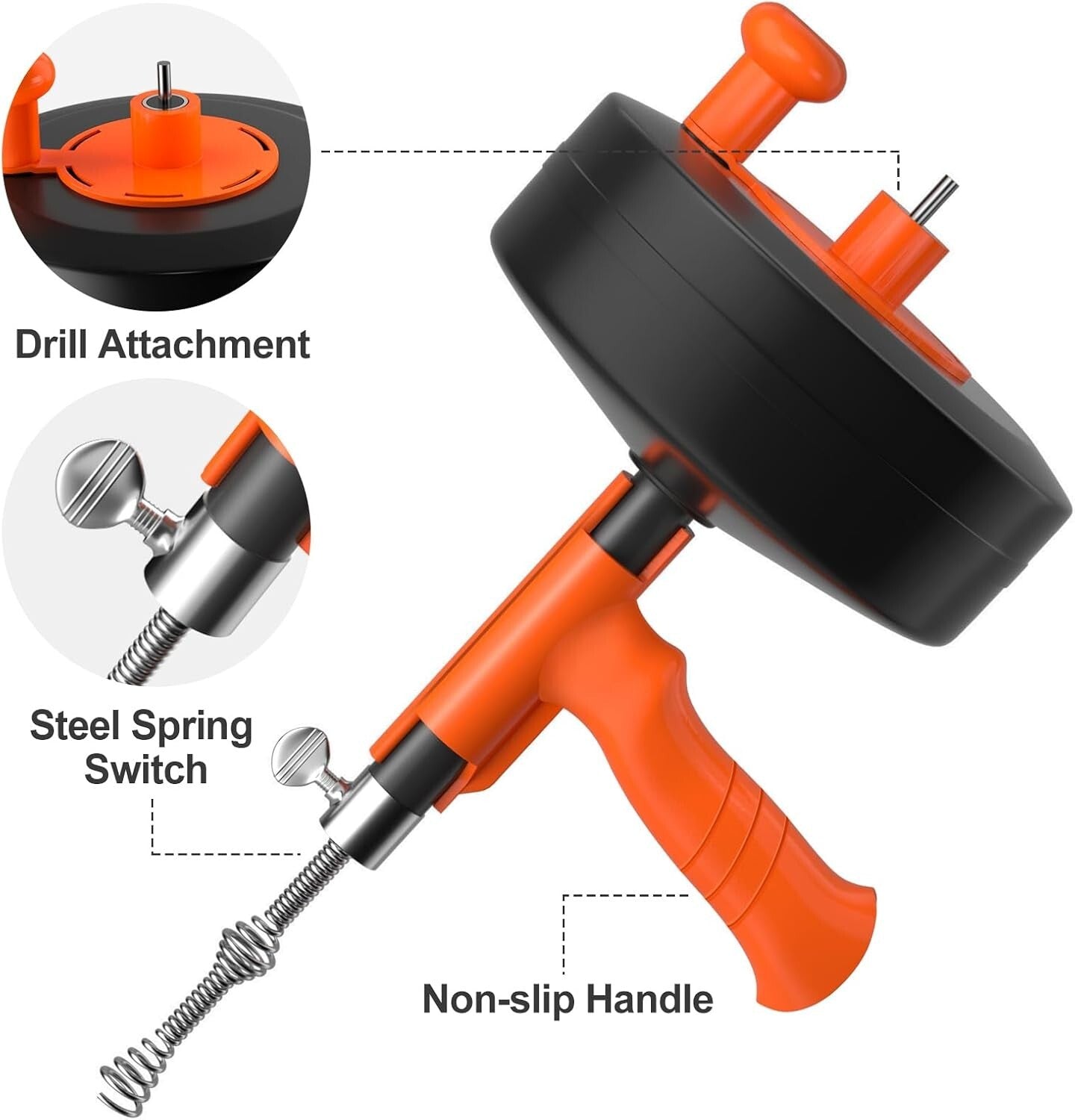 50ft Flexible Steel Drain Snake with Drill Adapter - Heavy Duty Clog Remover