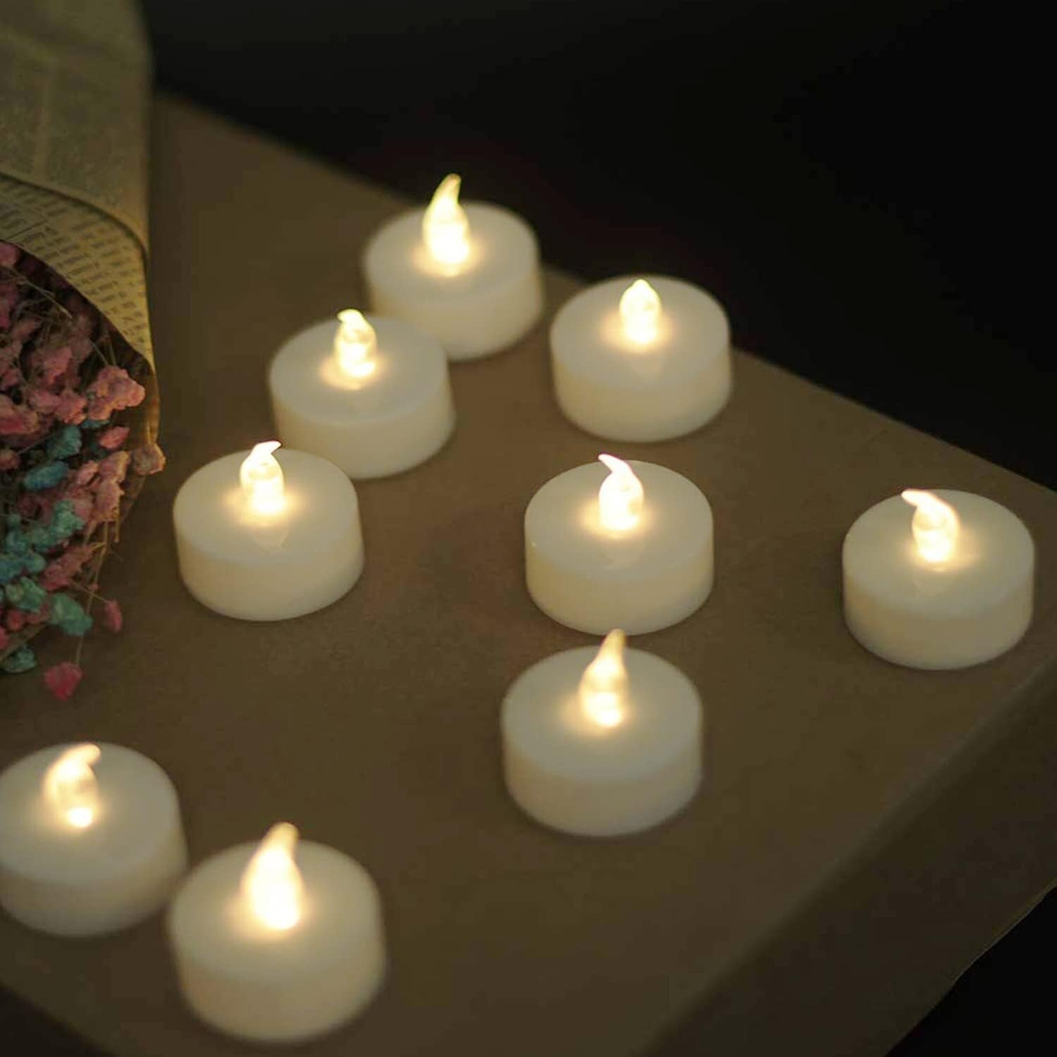 Battery-Powered LED Tea Lights - 200 Warm White Flickering Candles - Safe Decor