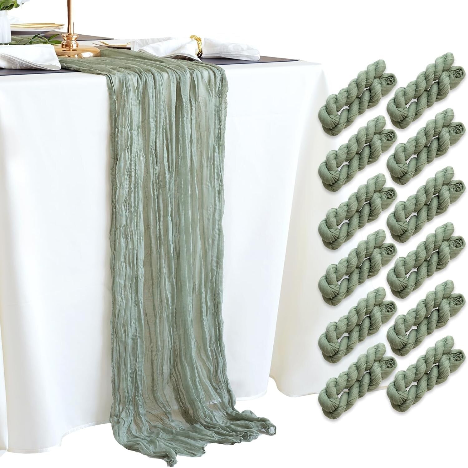 Sage Green Cheesecloth Table Runner 10ft for Elegant Weddings & Celebrations