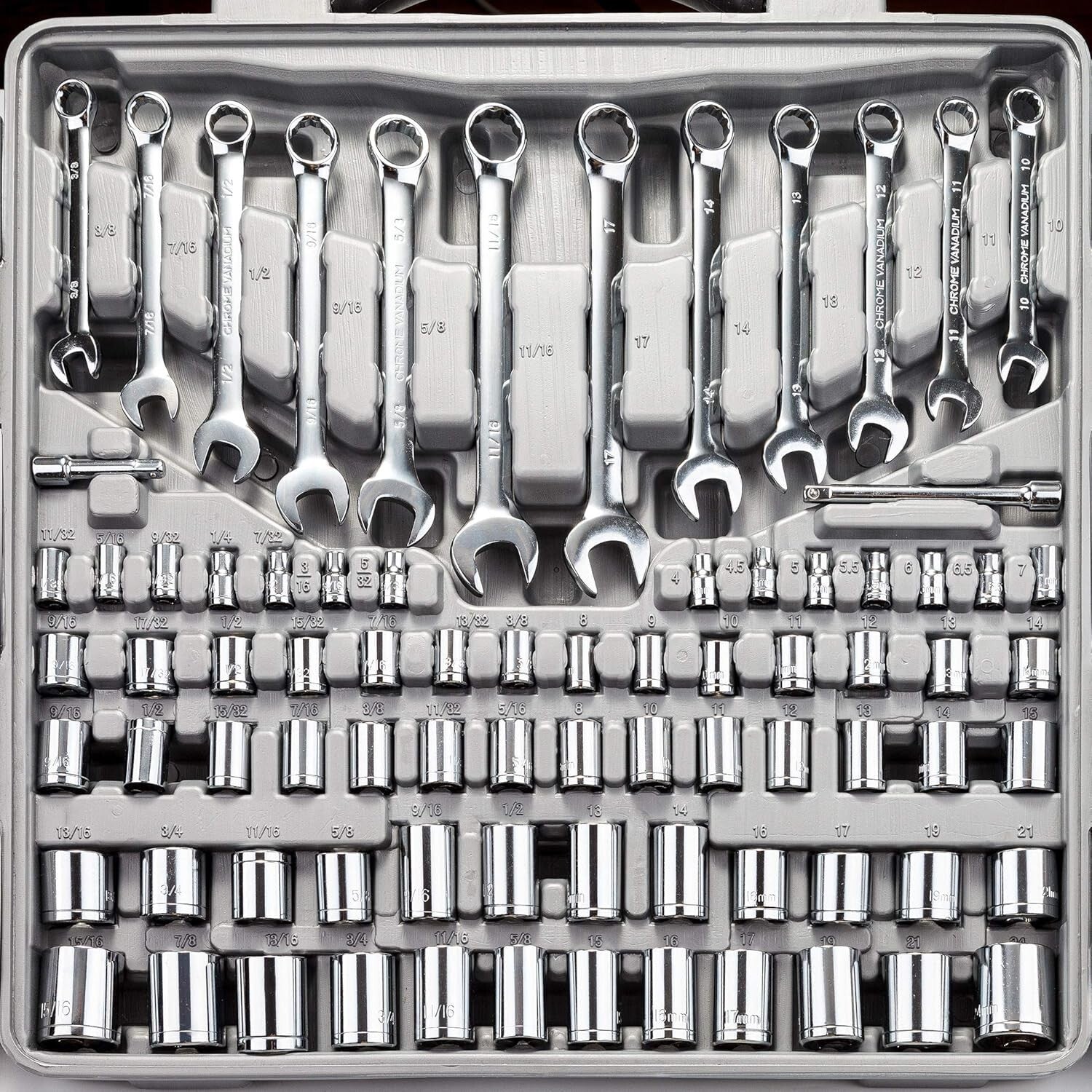 Durable 205-Piece Wrench Tool Set with High-Polish Finish and Portable Case