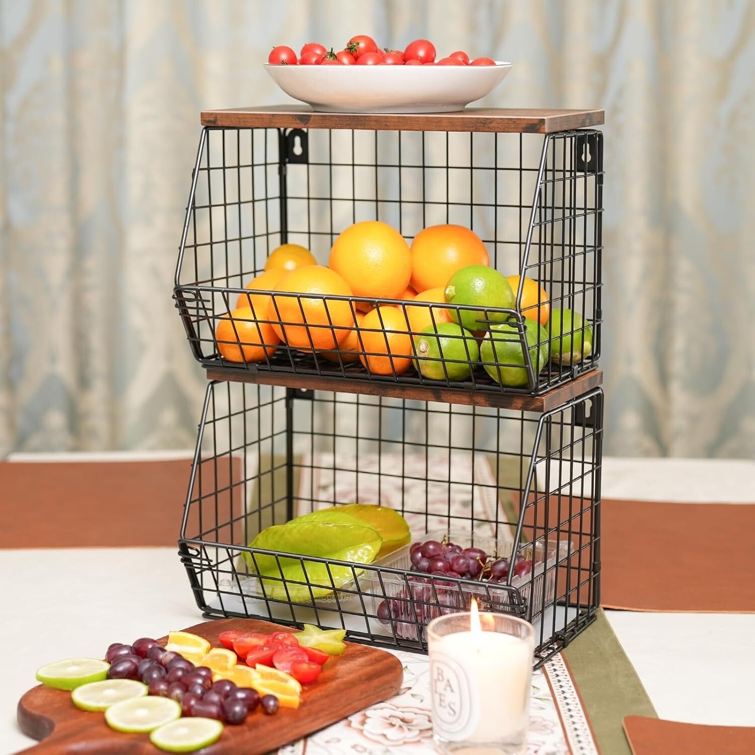 Elegant Kitchen Organizer: Metal Fruit Basket with Wooden Lid & Banana Hangers