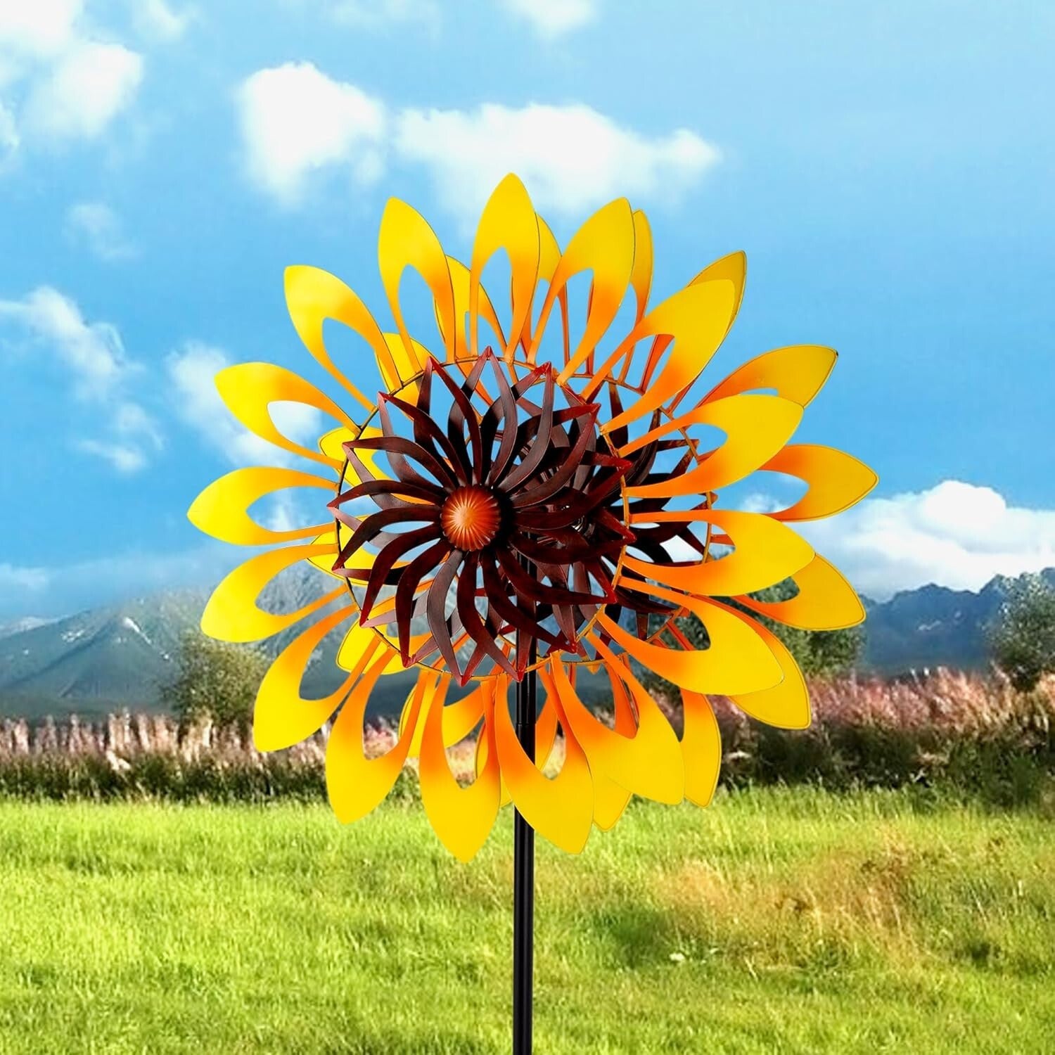 Large 76" Metal Sunflower Pinwheel with Double-Sided Fans for Outdoor Spaces