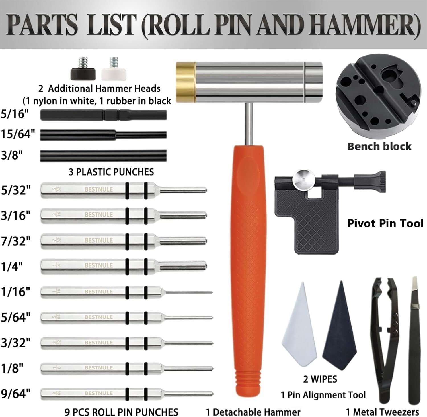 Professional Roll Pin Punch Set with Durable Hammer & Scratch-Resistant Block