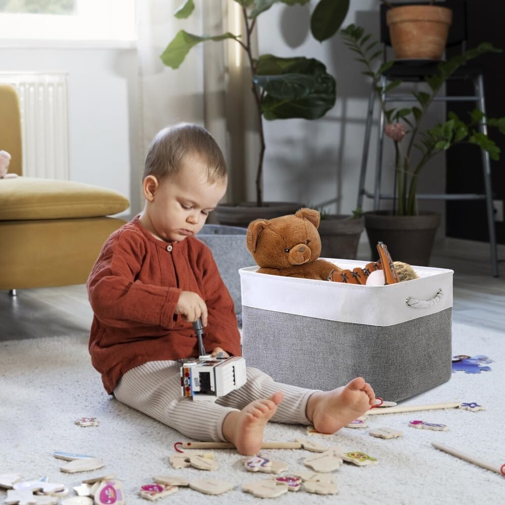 3 Pack Fabric Storage Bins in White & Grey - 16x12x12 Inches for Organization