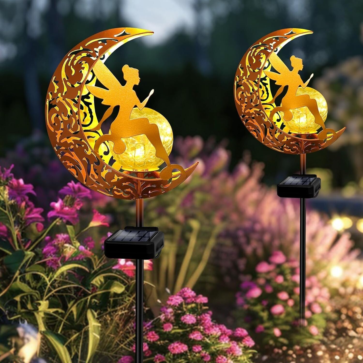 Enchanting 2-Pack Solar Garden Lights with Angel Decor - 33-Inch Pathway Stakes