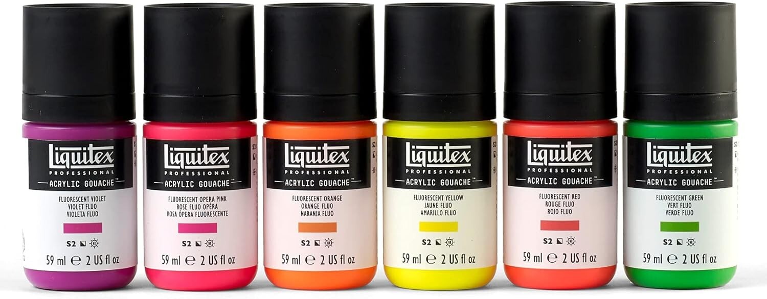 Vibrant Professional Fluorescent Acrylic Gouache - 6 x 2oz with Matte Finish
