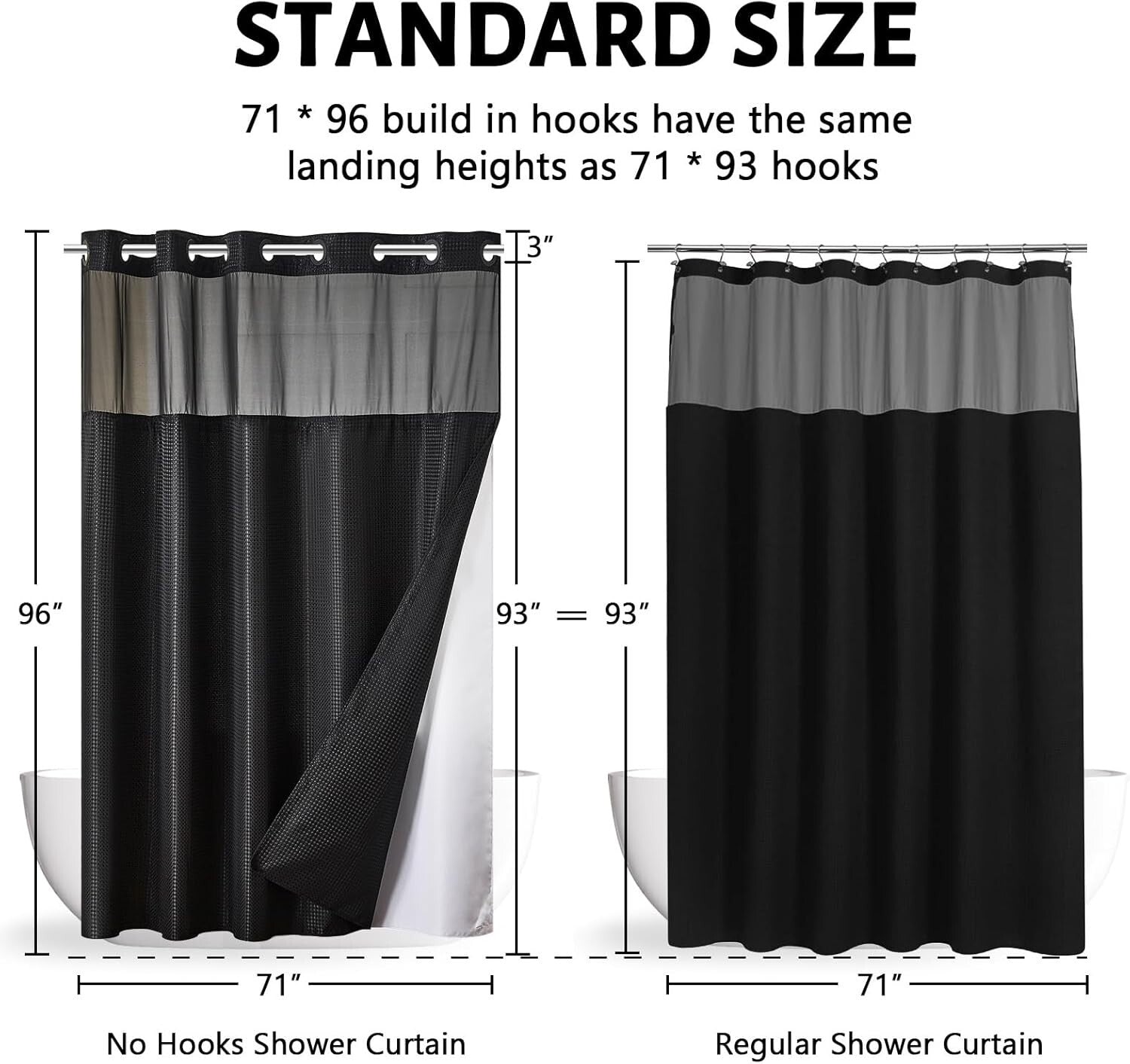 Luxury Black Shower Curtain with Mesh Top & Removable Liner – 96 Inch Length