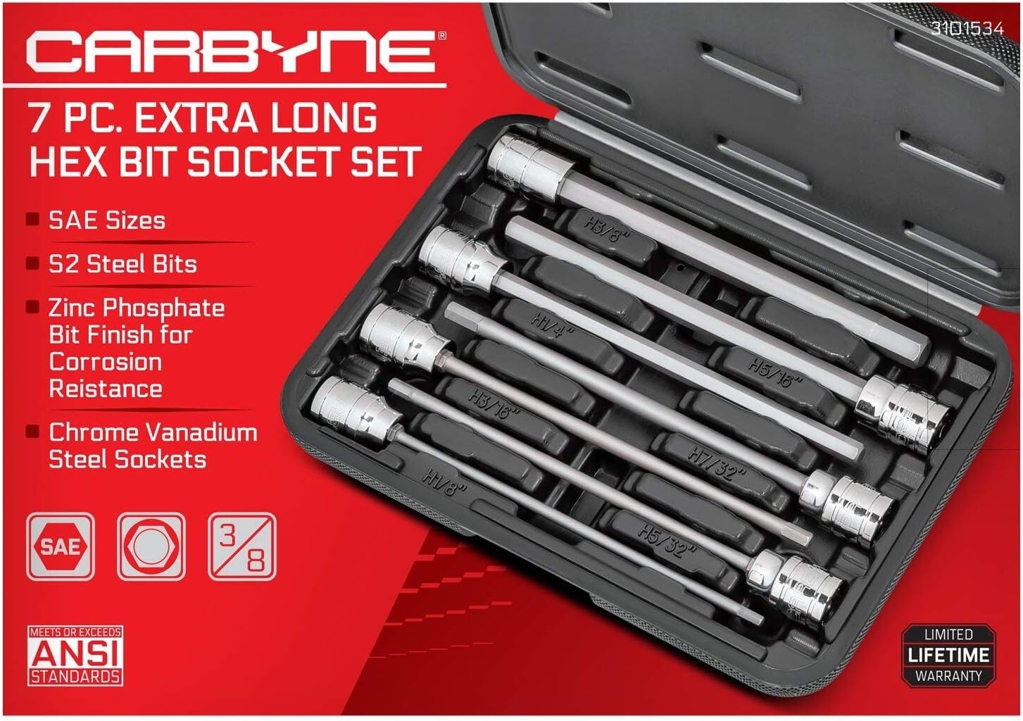 Durable 7-Piece SAE Hex Bit Socket Set, 3/8” Drive & Corrosion Resistant Finish